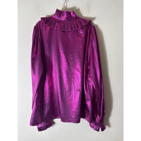 Boden Metallic Purple Long Sleeve Button Up Shirt with Pleated Collar Sz 8 - Picture 4 of 5